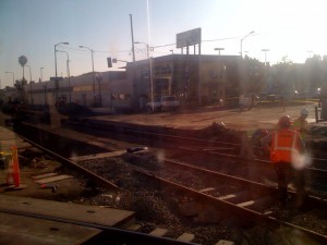 Trackwork at Washington Bl and Flower St, south of Downtown Los Angeles